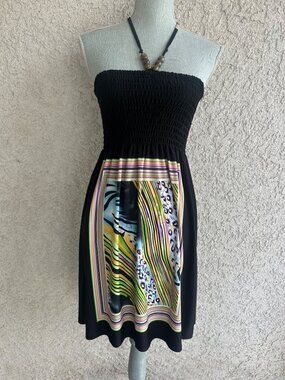 Y2K Black Halter Tube Dress Smocked Bodice Beads Medium